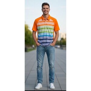 PUMA POUNCE ASTON Men's L Golf Polo Shirt DryCell Multicolored Stripes Wicking